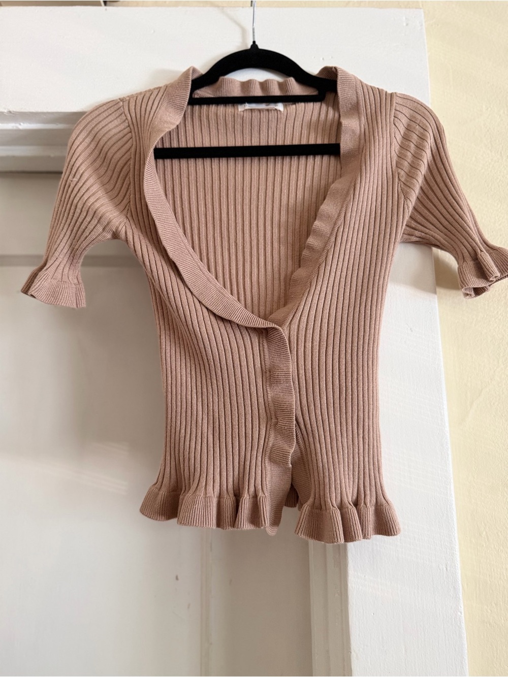 Lovers + Friends Ribbed Ruffle-Trim Cardigan in Blush and Cream